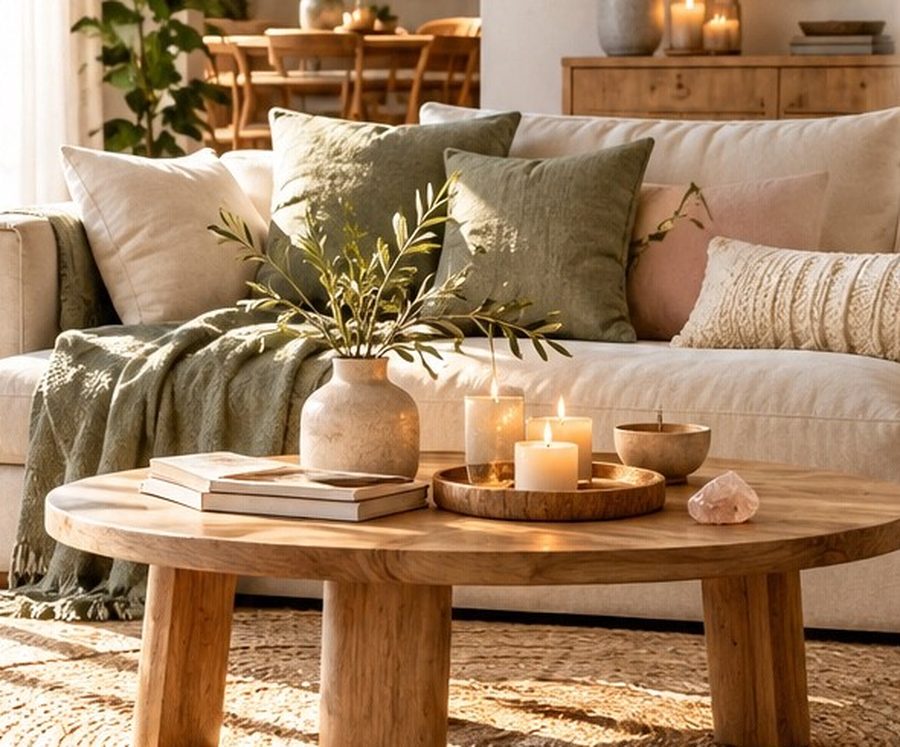 Un salon lumineux et apaisant : canapé clair, coussins verts, table basse en bois et bougies