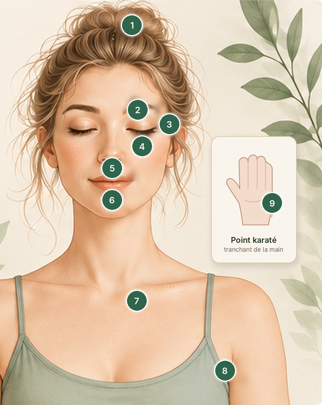 Illustration d’une femme aux yeux fermés avec les neuf points de tapotement EFT numérotés : sommet de la tête, début du sourcil, coin de l’œil, sous l’œil, sous le nez, menton, sous la clavicule, sous le bras et point karaté sur le tranchant de la main.